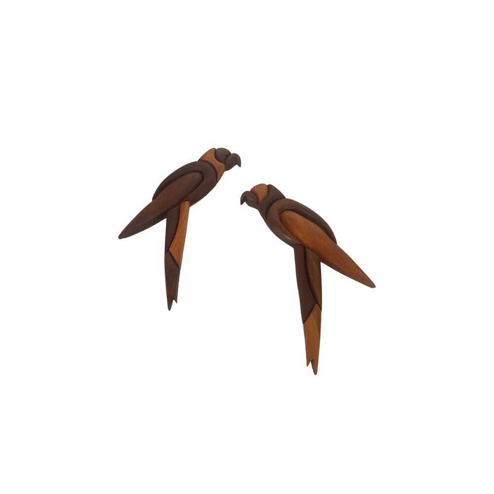 Pair Hand Crafted Wood 3D Intarsia Macaw Wall Art Tropical Birds 11”